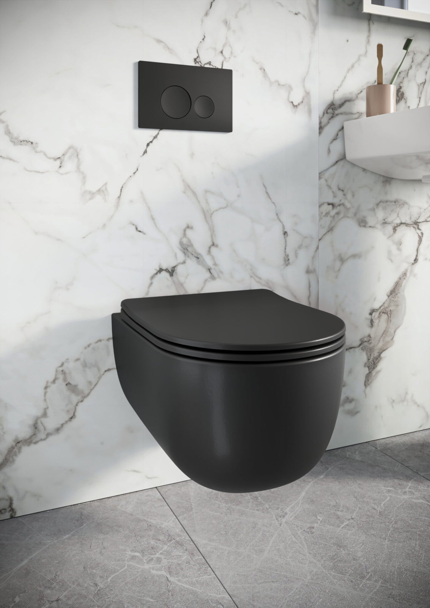 Riviera Rimless Round Wall Hung Pan Including Soft Close Seat - Matt Black