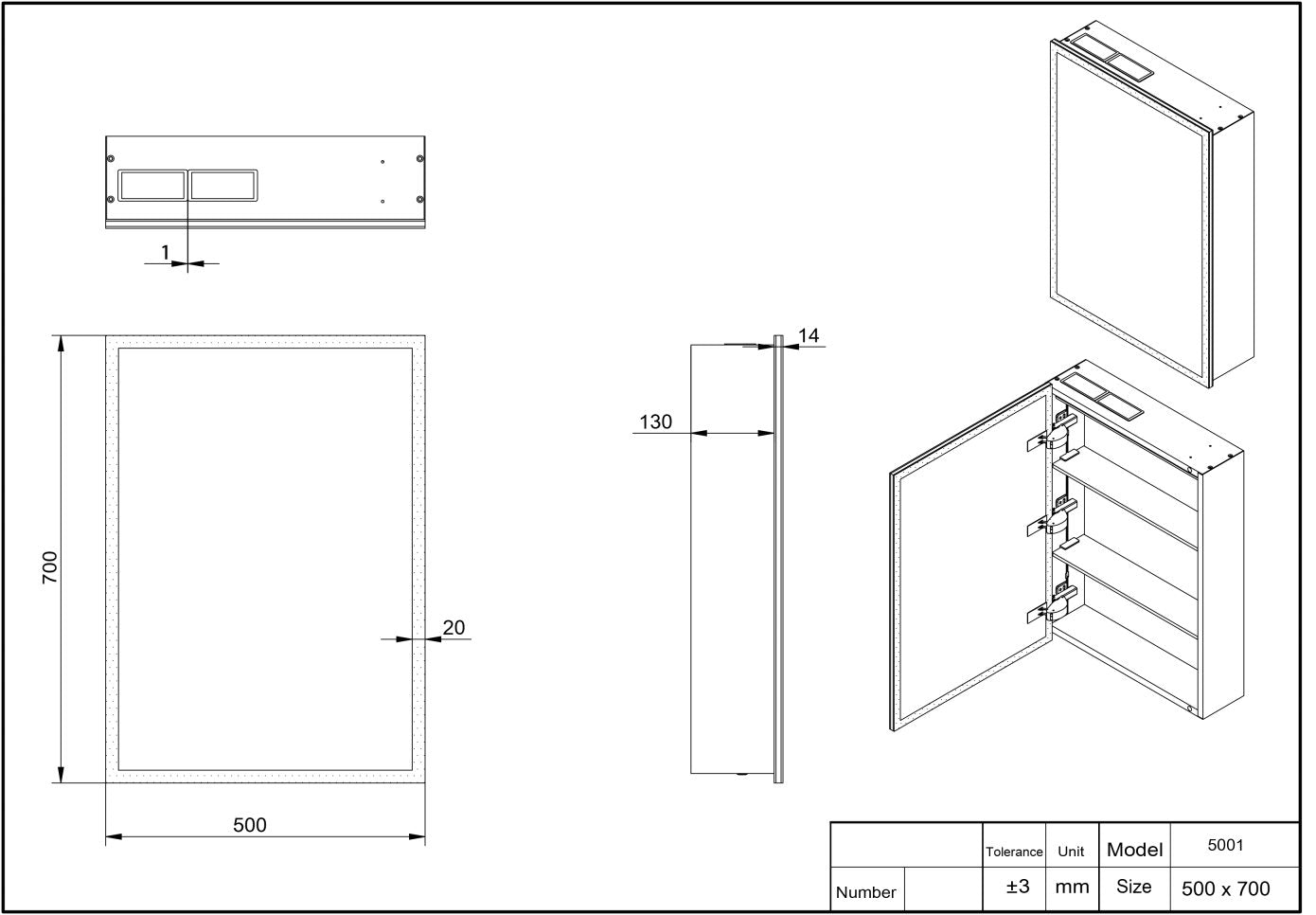 PROSPR LED SINGLE DOOR MIRROR WITH BLUETOOTH 500X700MM