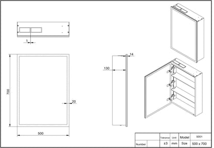 PROSPR LED SINGLE DOOR MIRROR WITH BLUETOOTH 500X700MM