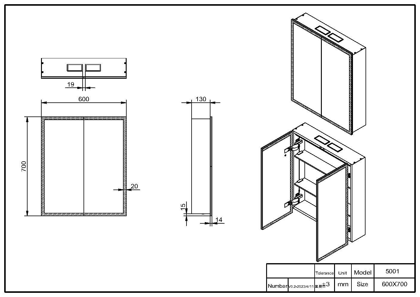 PROSPR LED DOUBLE DOOR MIRROR WITH BLUETOOTH 600X700MM