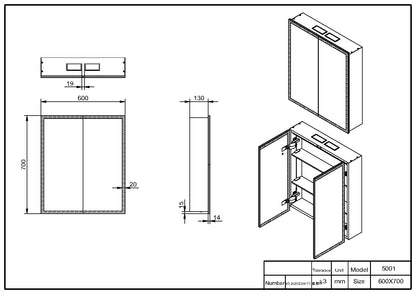 PROSPR LED DOUBLE DOOR MIRROR WITH BLUETOOTH 600X700MM