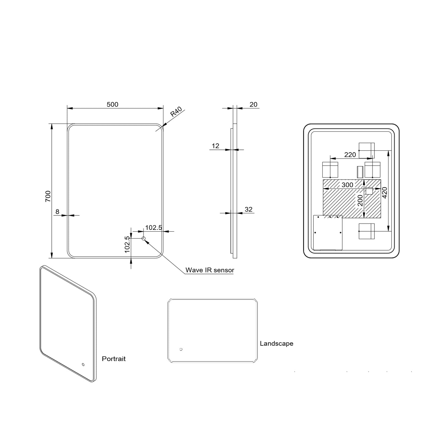 ALFIE SOFT EDGE LED MIRROR BLACK 500×700