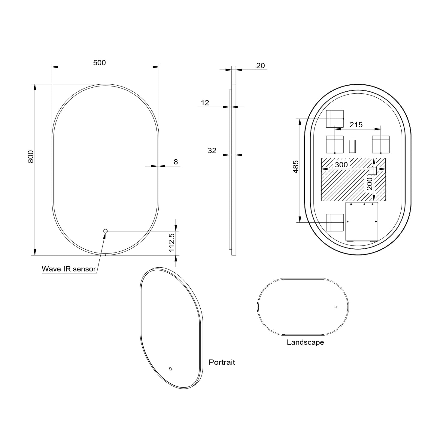 AUBREY LED MIRROR GUNMETAL 500×800