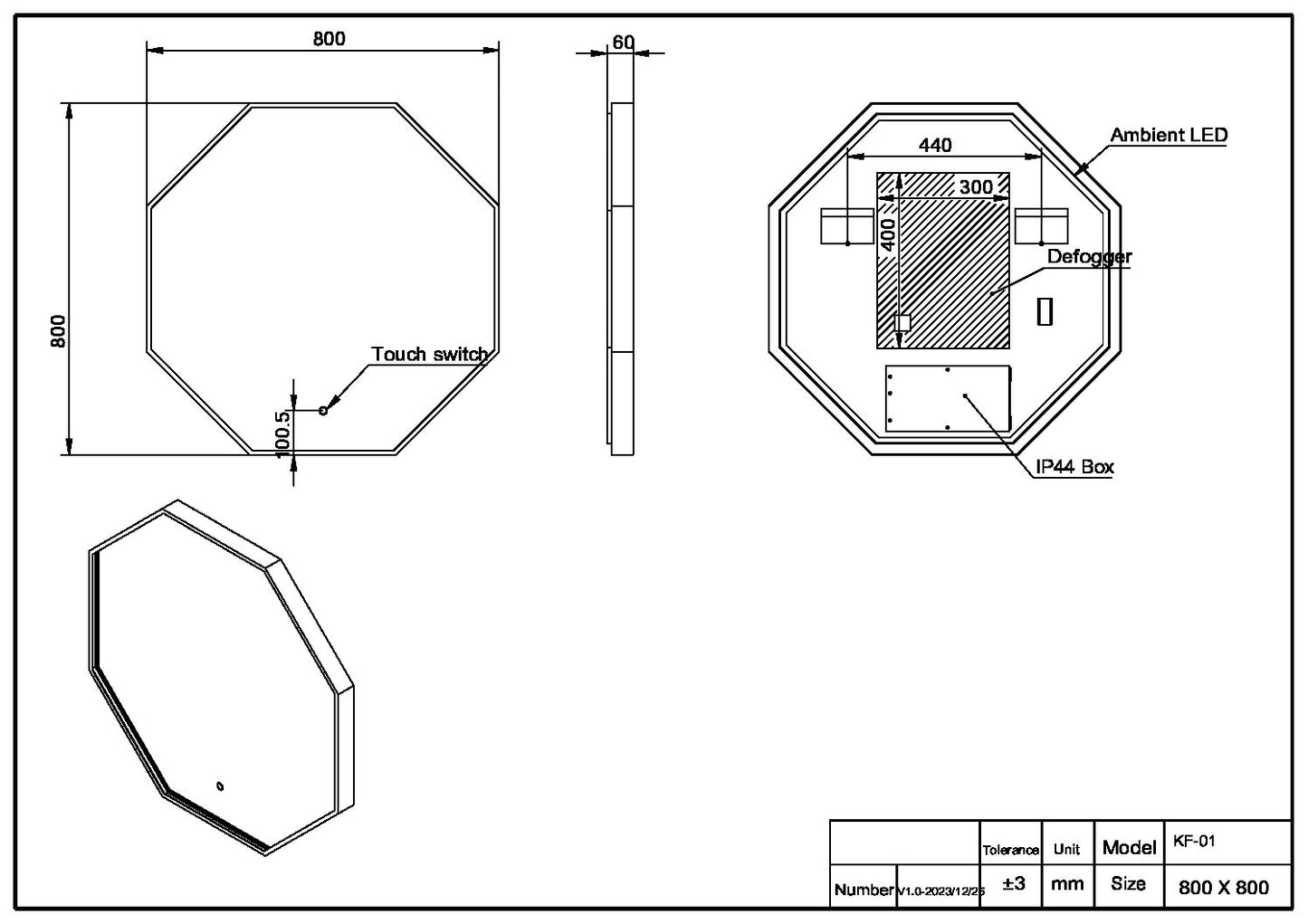 PASSA OCTAGONAL MIRROR MATTE BLACK 800×800