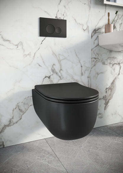Riviera Rimless Round Wall Hung Pan Including Soft Close Seat - Matt Black